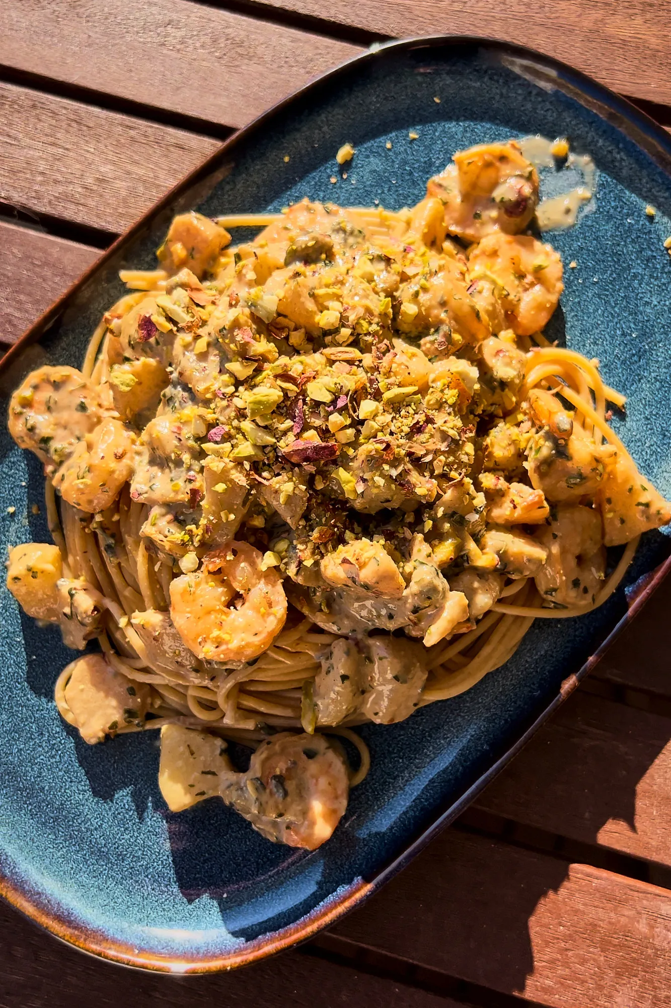 pisztáciás-körtés-gorgonzolás spagetti garnélával