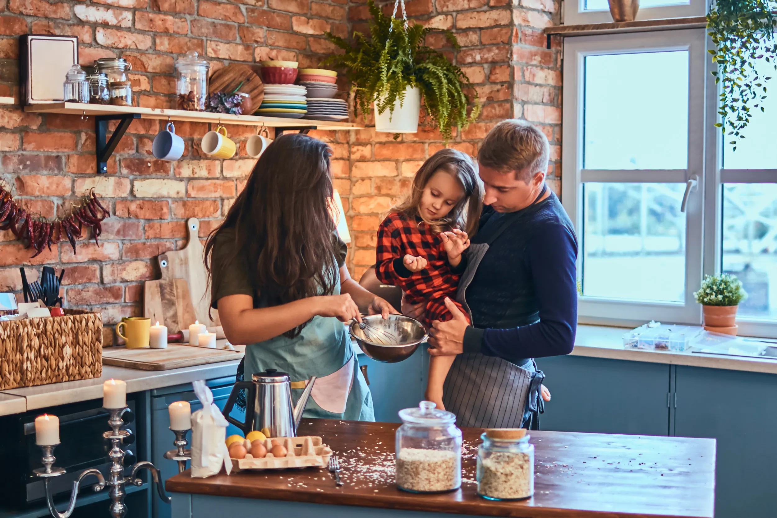 adorable-family-together-cooking-breakfast-loft-style-kitchen