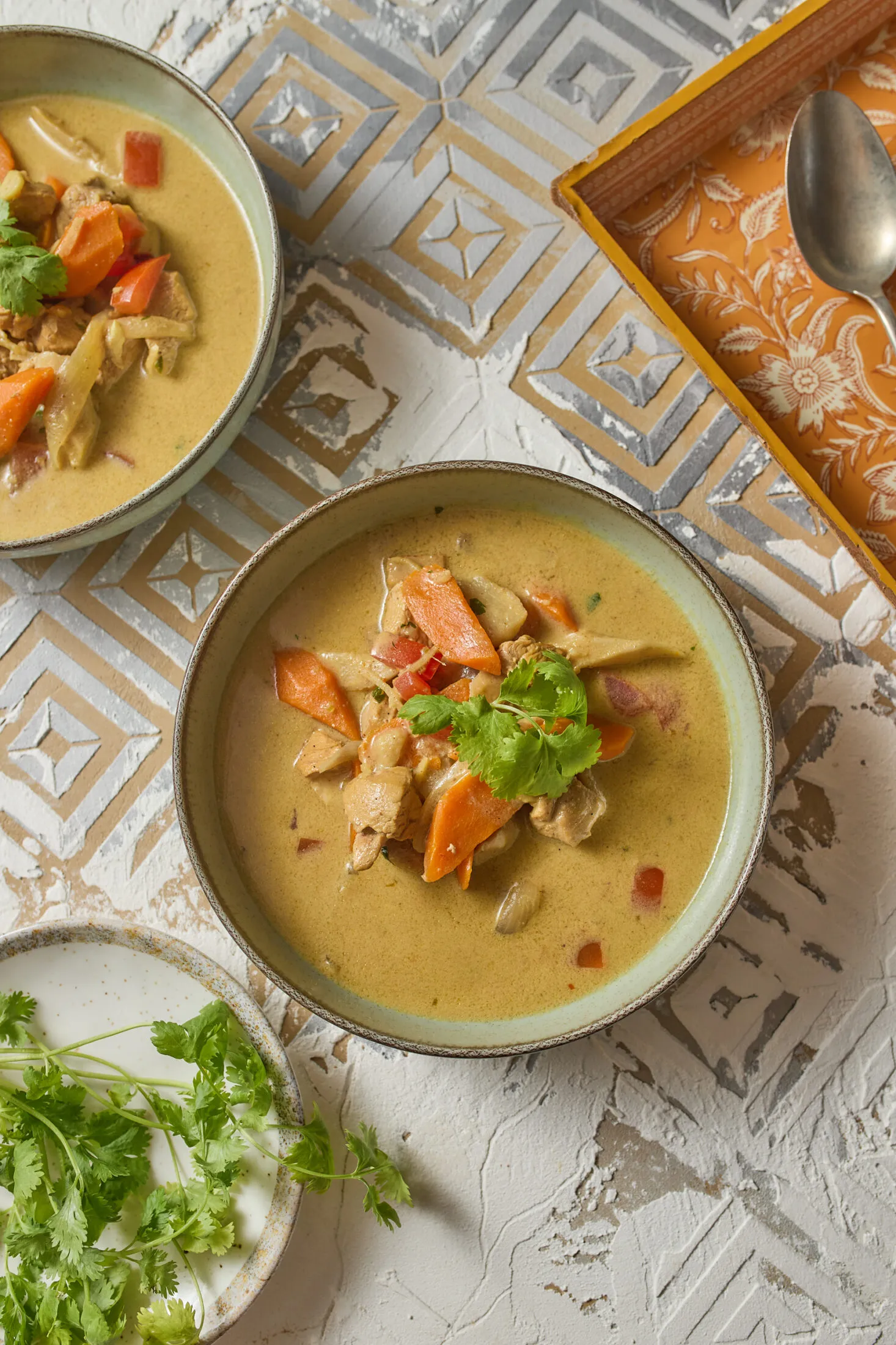 indiai csirkeleves tálalva