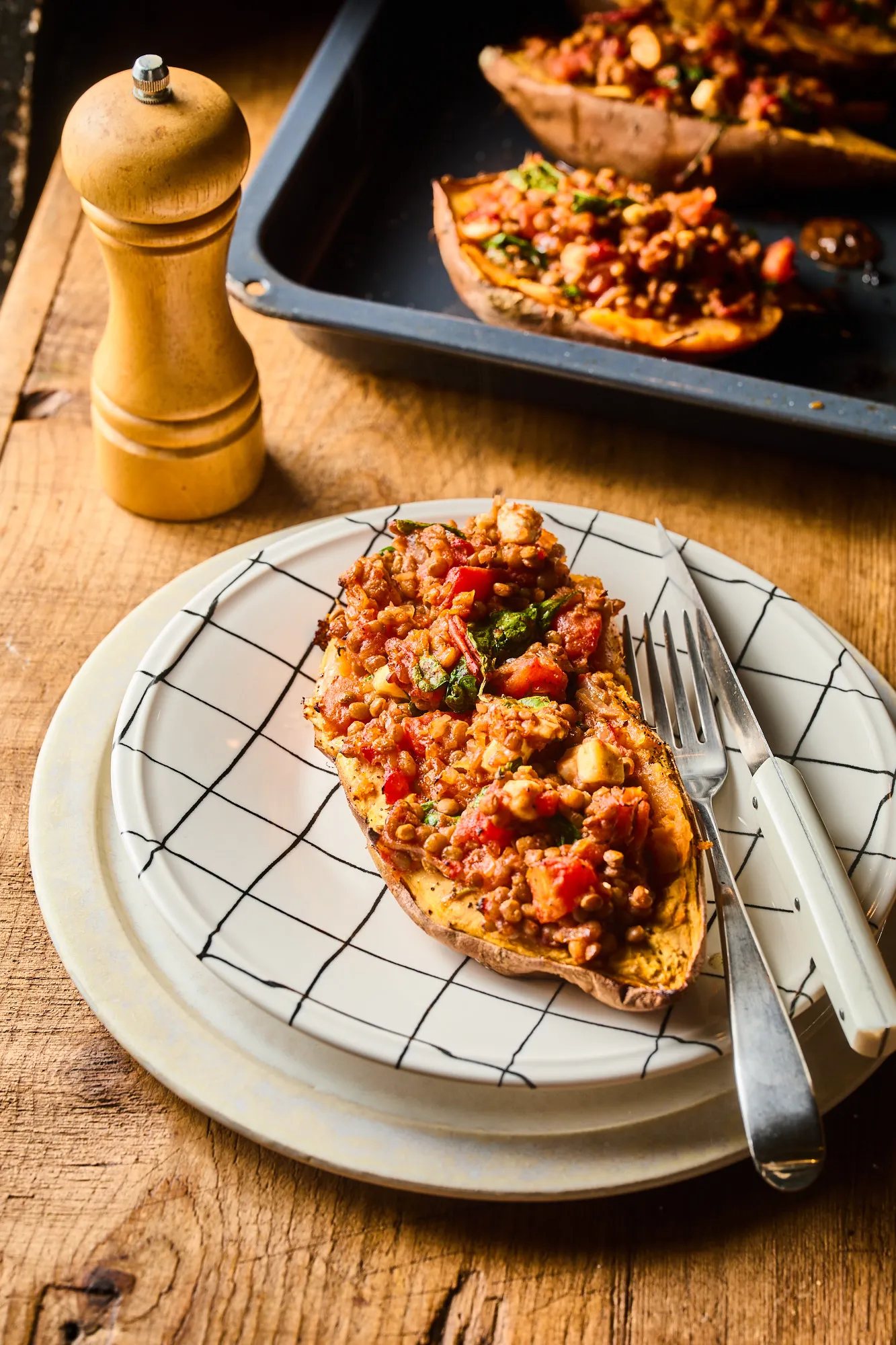 Lencseraguval töltött édesburgonya