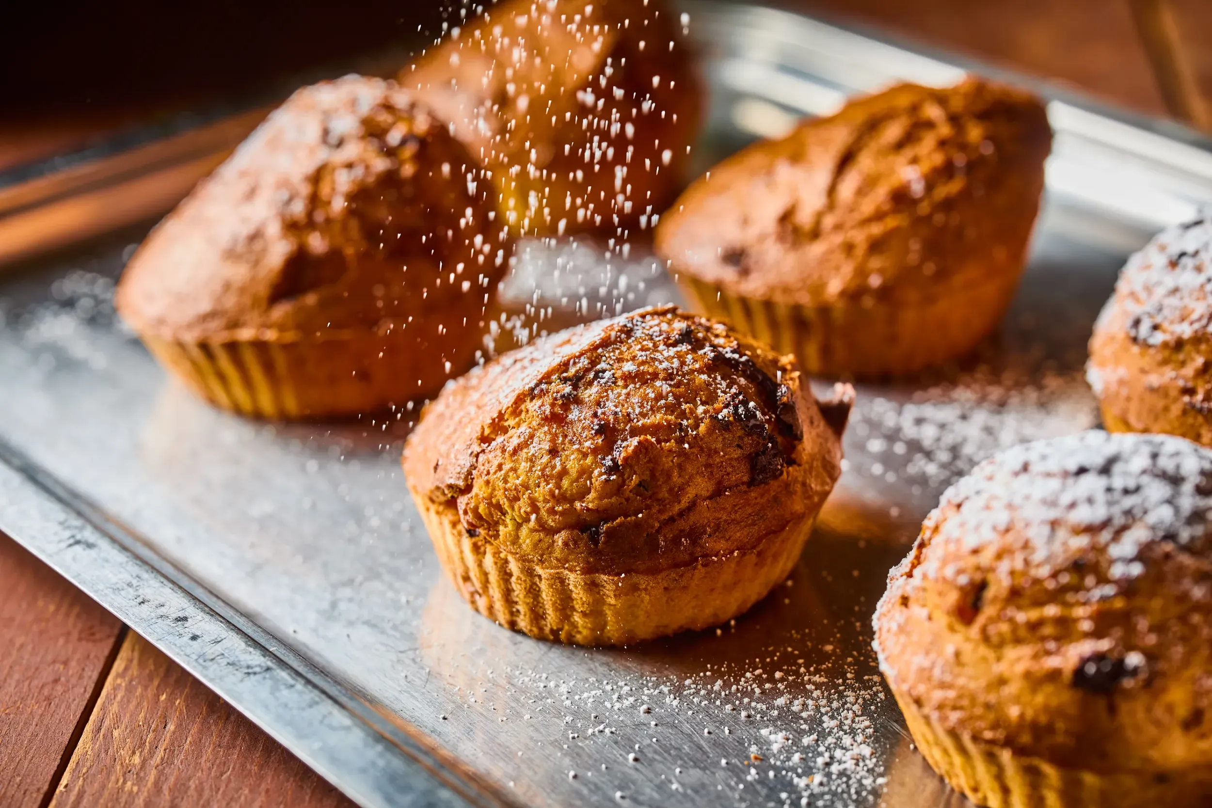 Sütőtökös muffin air fryerben tálcán, porcukorral