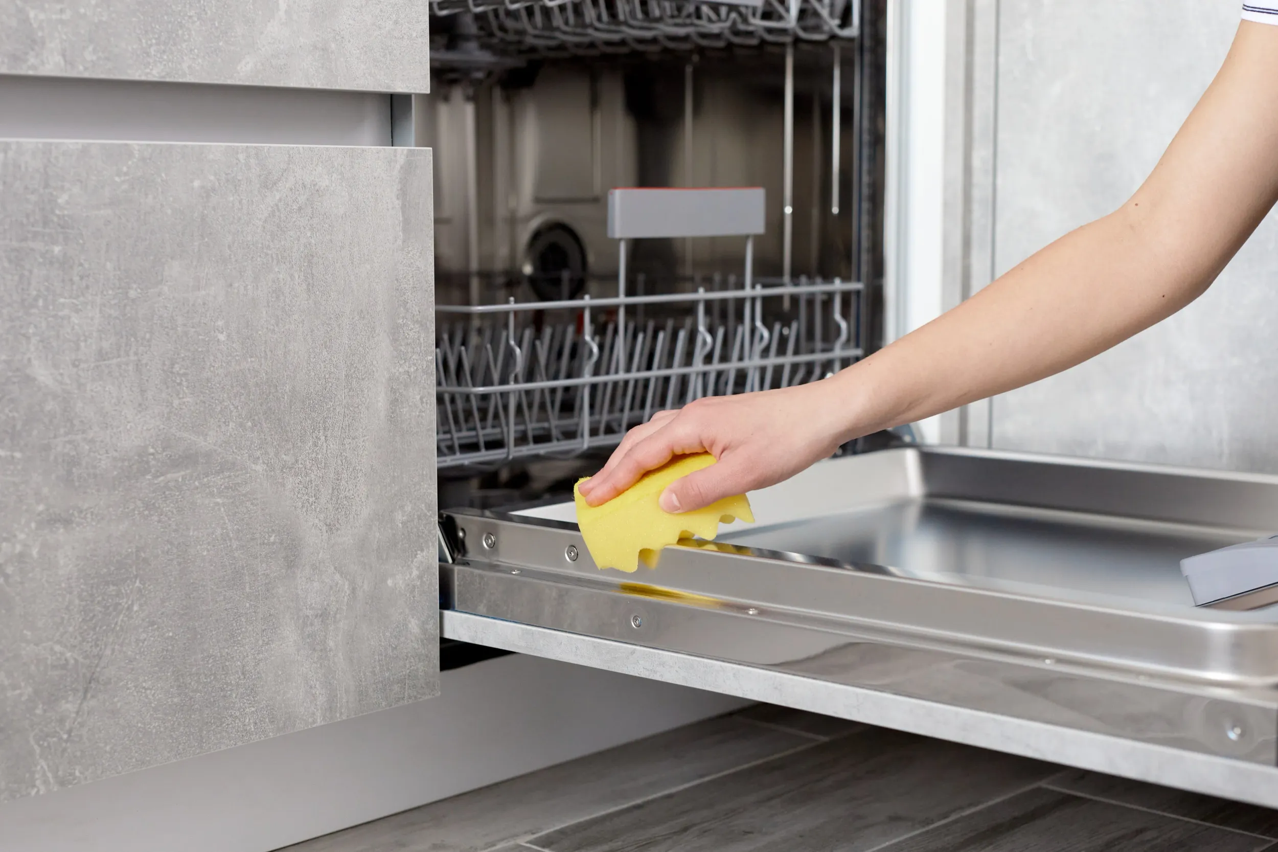 woman-hands-cleaning-dishwasher-panel-with-yellow-rag-kitchen-close-up
