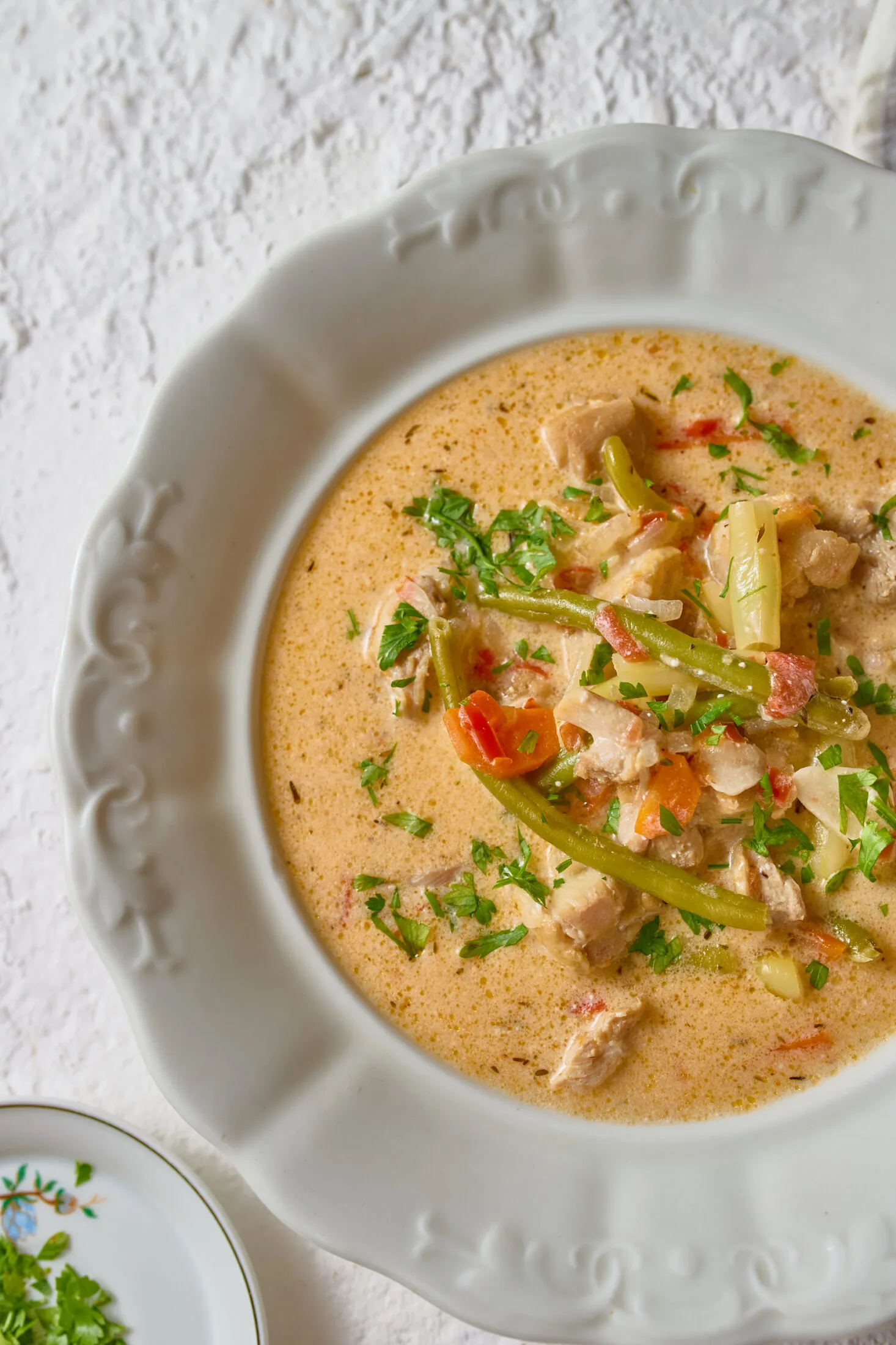 Zöldbabos csirkeraguleves kétféle zöldbabbal